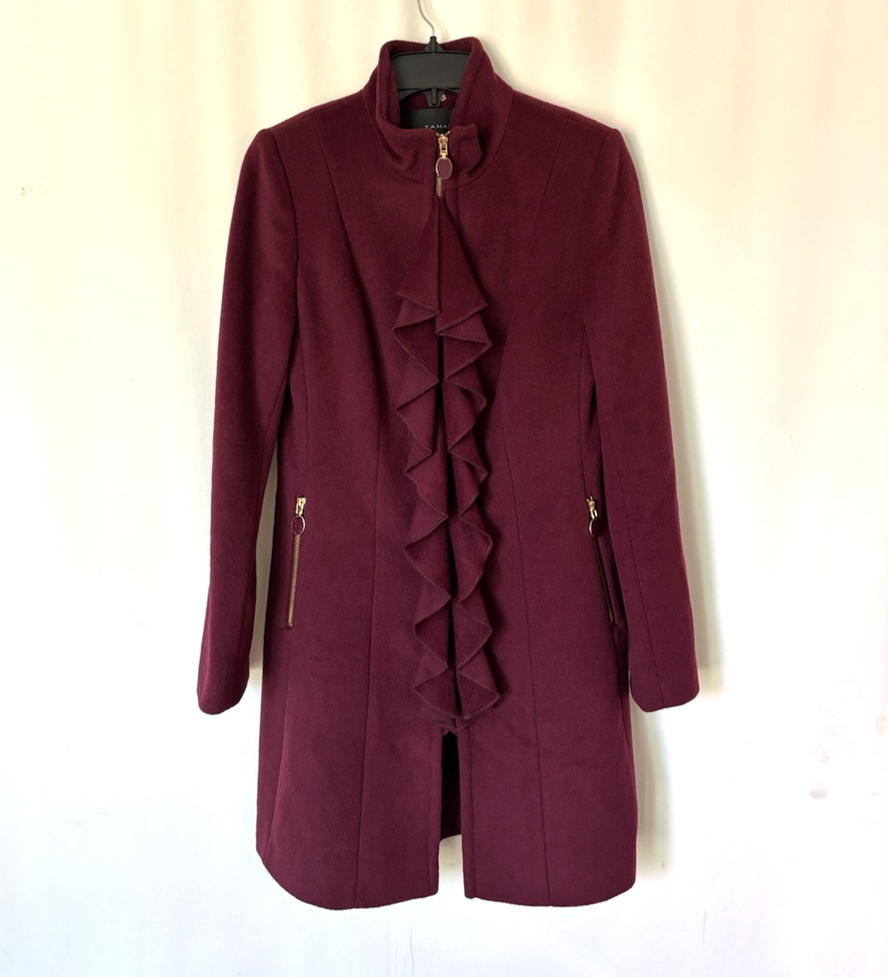 Tahari Coat Womens 4 Red Zip Mock Neck Pockets Aline Ruffle Wool Blend